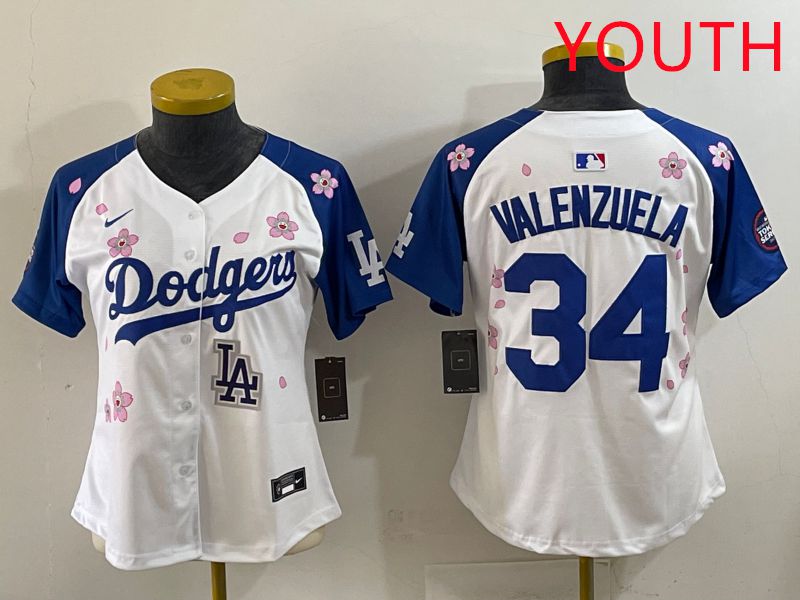 Youth Los Angeles Dodgers #34 Valenzuela White Blue Sakura Edition 2025 Nike MLB Jersey style 39->youth mlb jersey->Youth Jersey